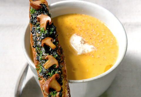 Butternut Squash Soup with Foie Gras and Wild Mushroom Crostini, Fresh From The Farm