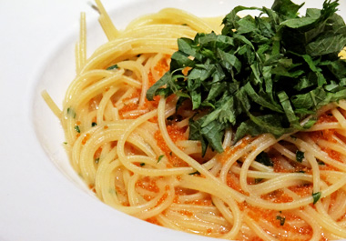 Spaghetti with tobiko and shiso at Bast Pasta