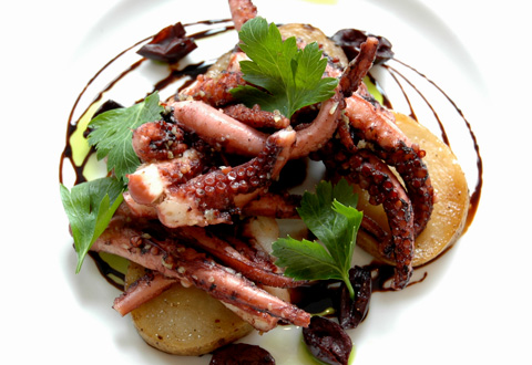 baby octopus, potato fondant, black olives, fresh herb dressing