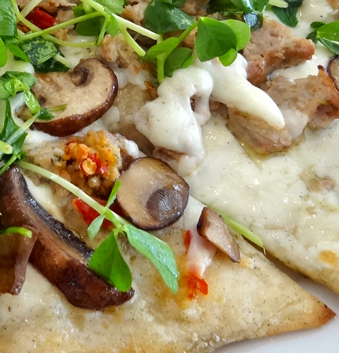 Lamb Meatball Flatbread with Roasted Mushrooms