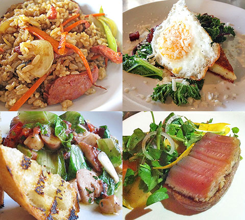 (Clockwise from top left) Portuguese Sausage Fried Rice / Egg with Polenta / Octopus Salad / Local Fish & Pa'i'ai / Celia Sin-Tien Cheng