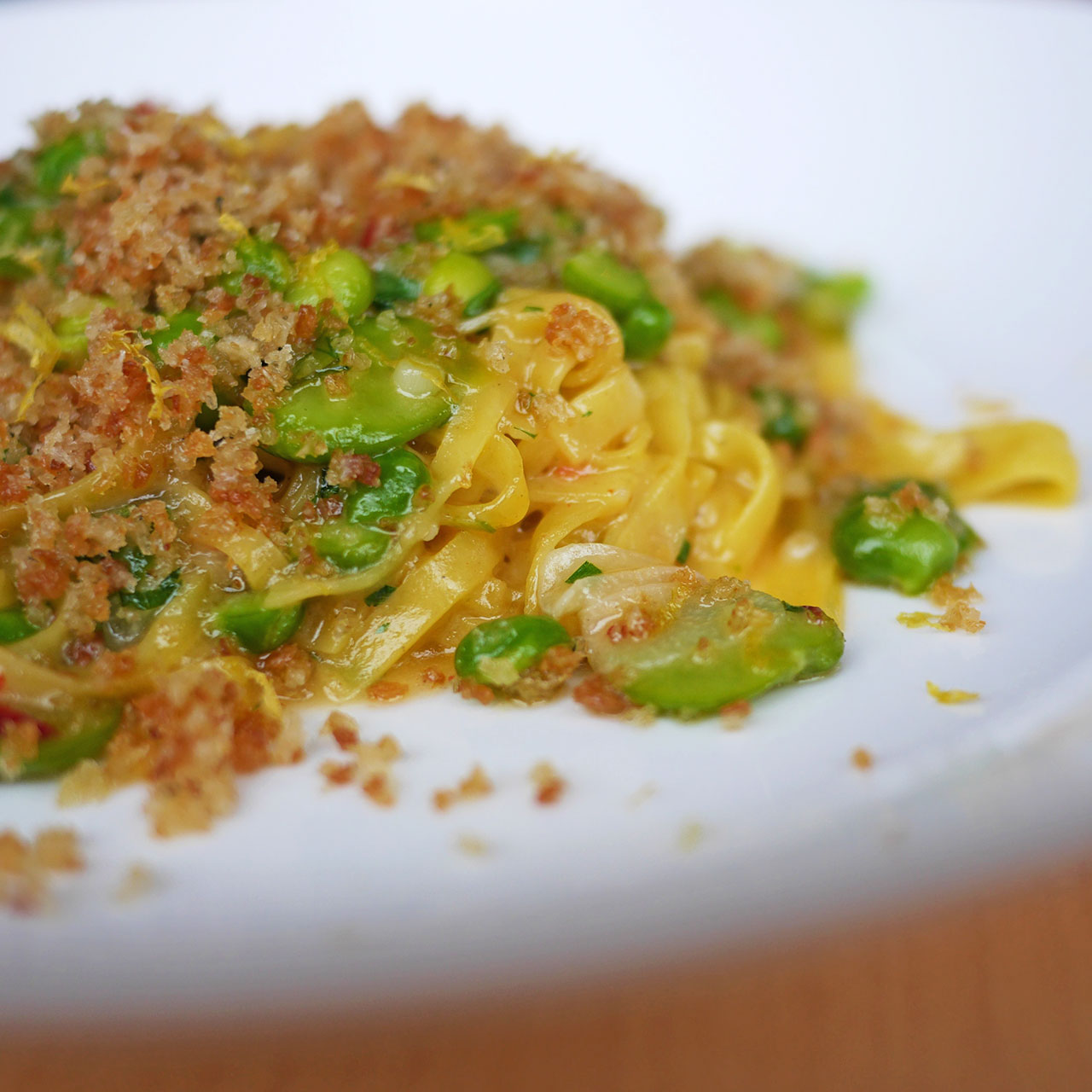 Tajarin with English Peas, Fava and Ramps / Celia Sin-Tien Cheng